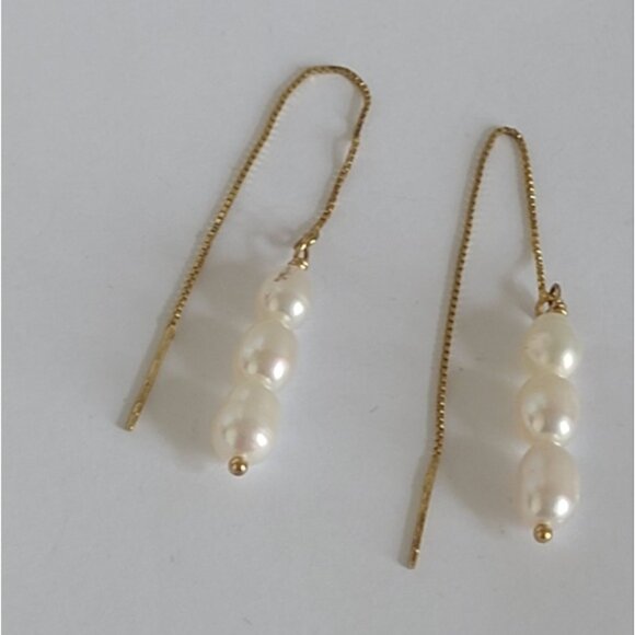 Gorgeous Boho Elegant Gold Plated Pearl Row Cluster Threader Drop Earrings - Picture 2 of 10